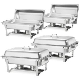 Rectangle Chafing Dish, 9 Qt 4 Pack Stainless Steel Chafing Dish, Food Warmer Chafer Complete Set with Hollow Handle, 2 Food Tongs, Lid, Fuel Hol